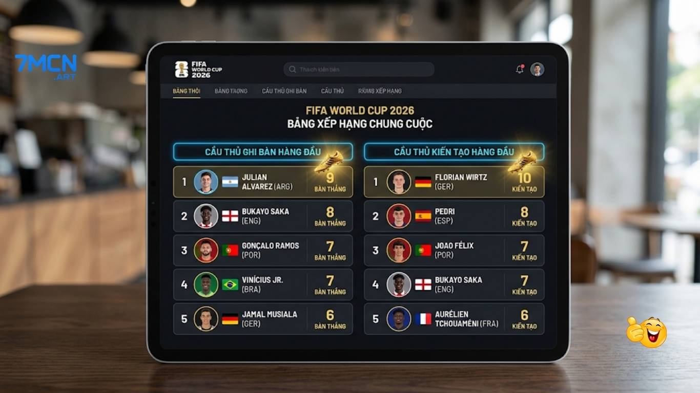Bảng xếp hạng Vua phá lưới và kiến tạo World Cup 2026 trên 7M CN